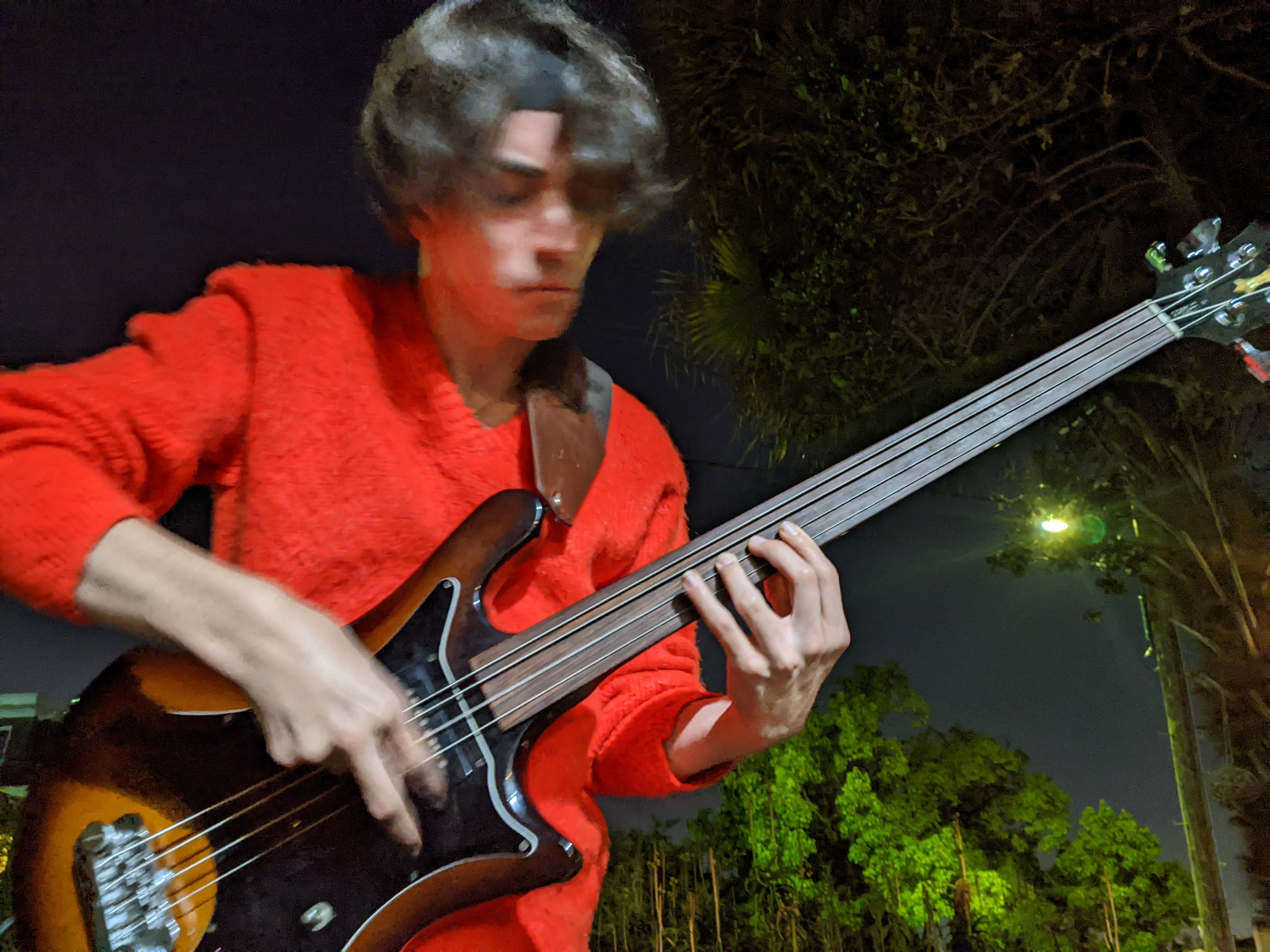 Rocco playing electric bass in the Oakland hills